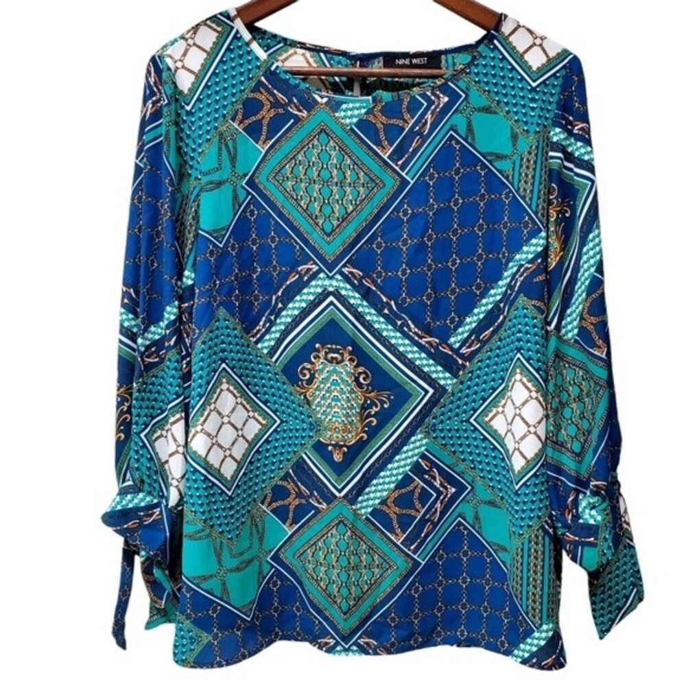 NINE WEST Blue Green Chain Print Blouse Size L Tie Sleeve Keyhole Back Top
